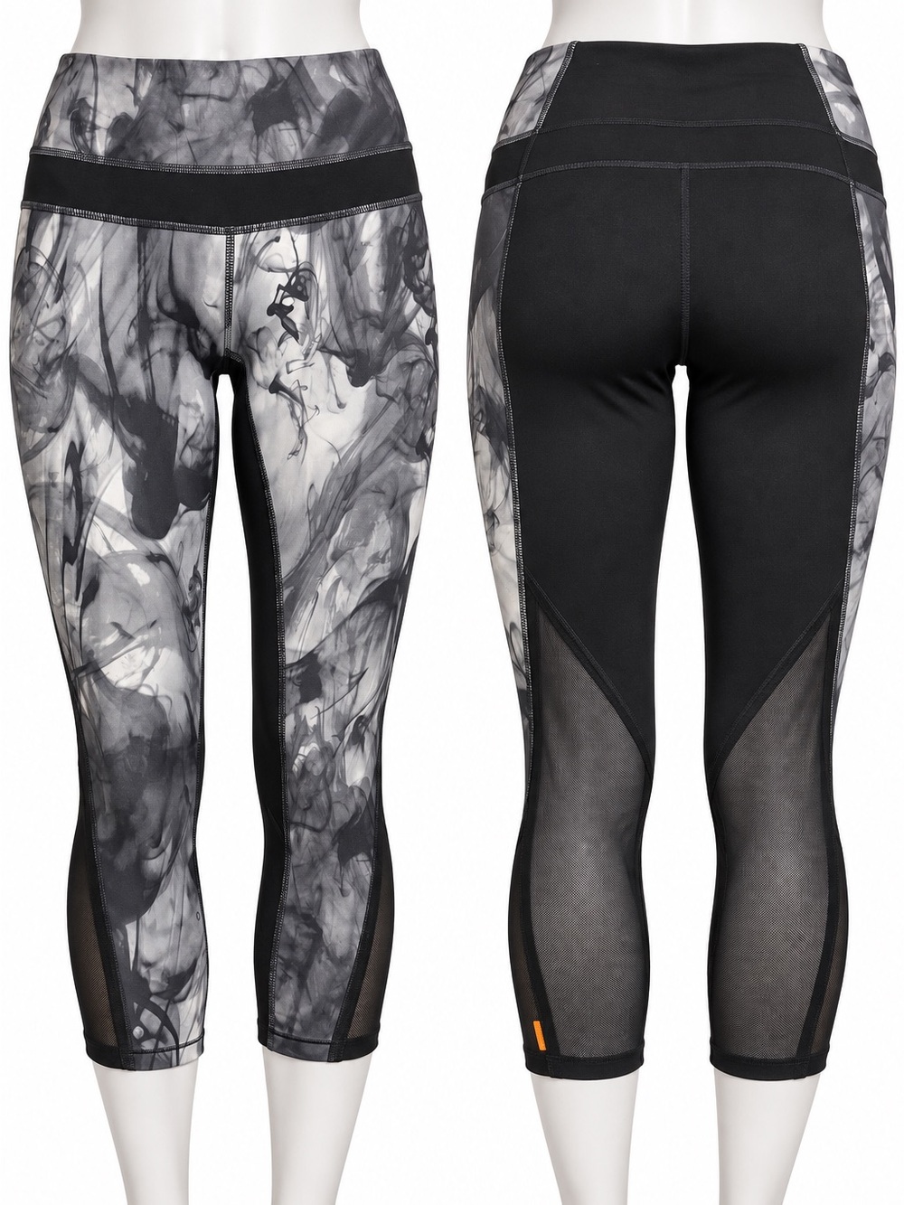 Lucy Studio Hatha Leggings Small Gray Black Smoke Print Mesh Capri Yoga Pants